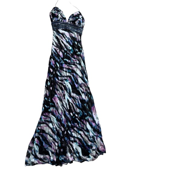 Camille la Vie BLACK BLUE MULTI COLOR STRIPES BEADED PROM FORMAL GOWN DRESS 4 - Picture 2 of 15